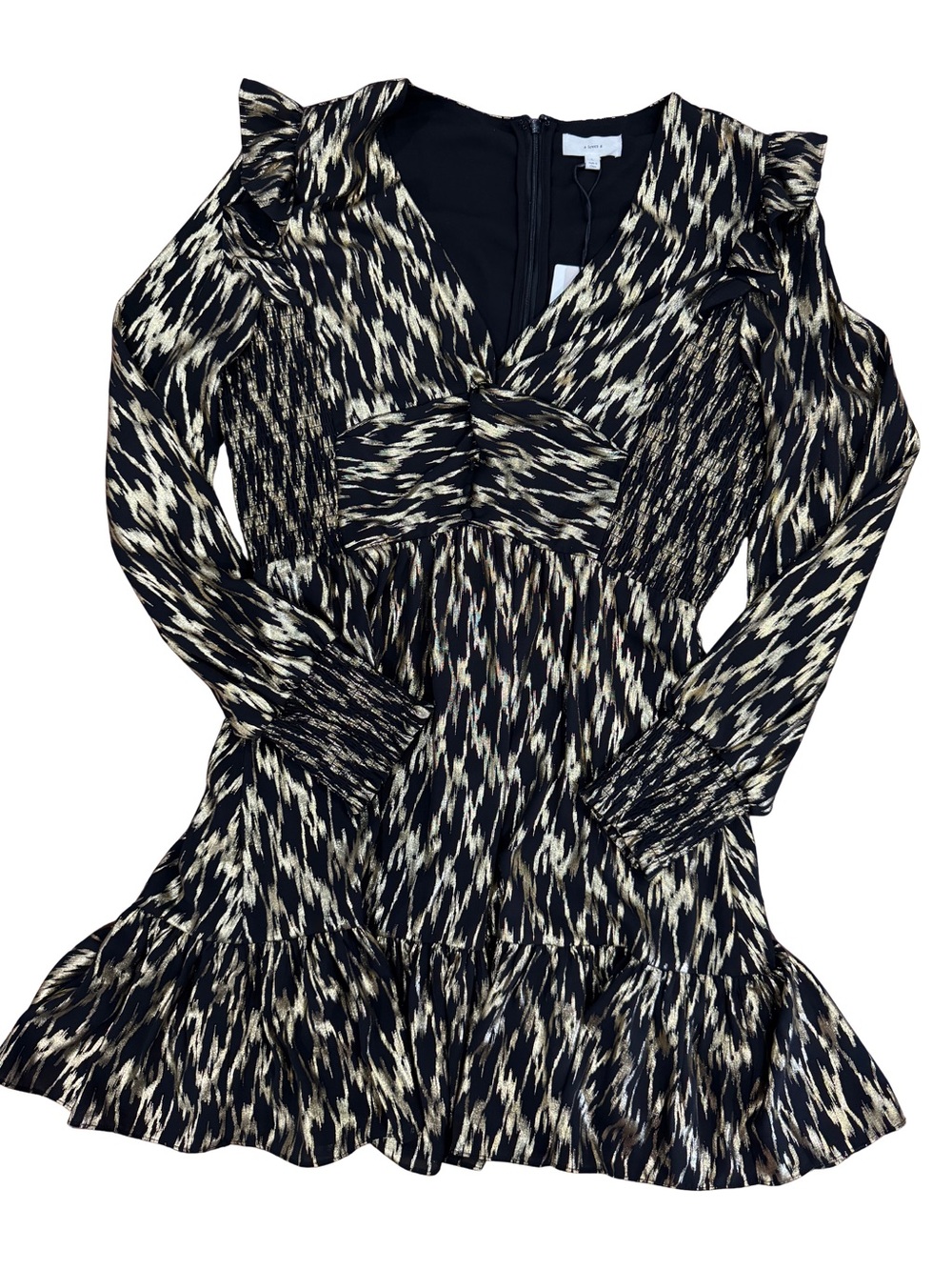 A Loves A Black Gold Metallic Ruffle Mini Dress Long Sleeve Size L NWT